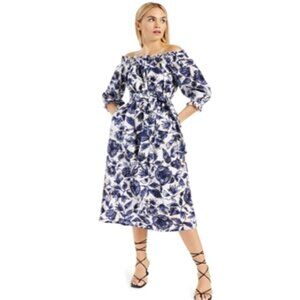 INC Womens Dress Cotton Printed Smocked Off The Shoulder Blue Size Small